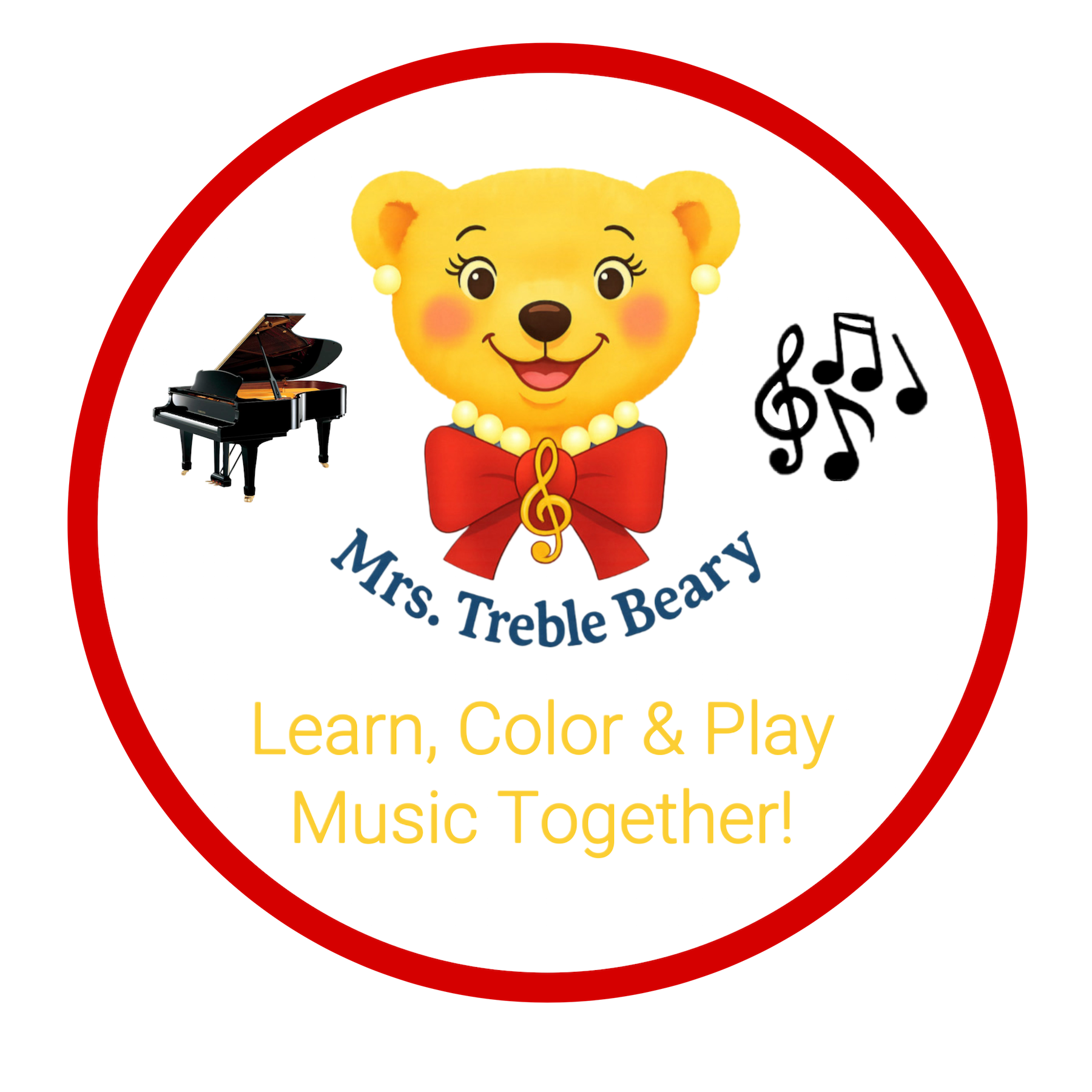 Mrs. Treble Beary logo with red bow, pearl necklace, and music-themed design for children's music books